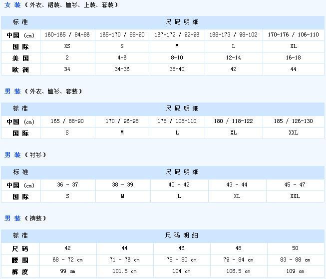 优衣库衣服尺码对照表男 优衣库衣服尺码对照表